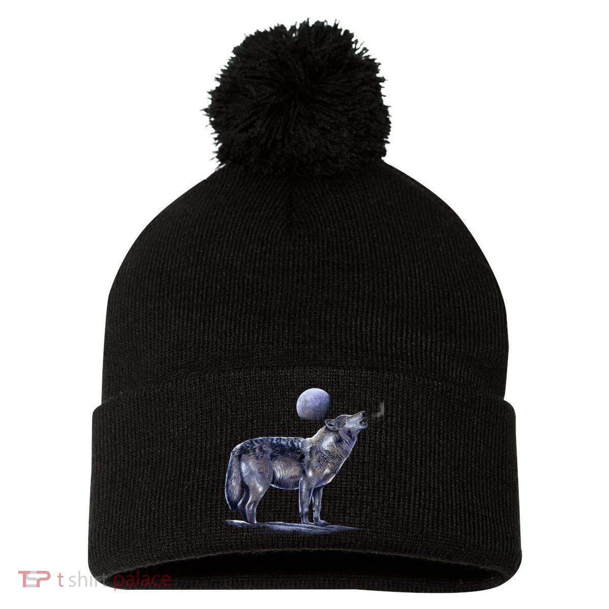 Moon Wolf Pom Pom 12in Knit Beanie