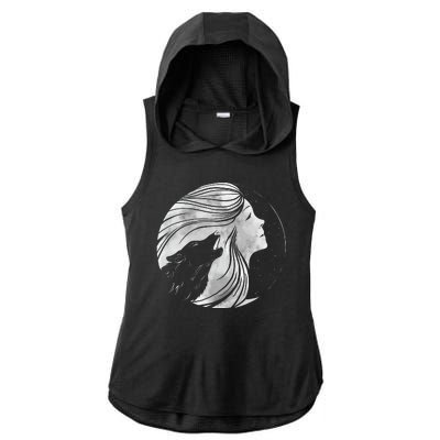 Moon Wolf Illustration Ladies PosiCharge Tri-Blend Wicking Draft Hoodie Tank