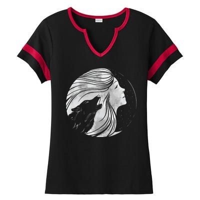 Moon Wolf Illustration Ladies Halftime Notch Neck Tee