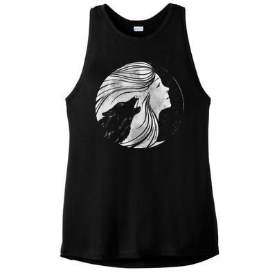 Moon Wolf Illustration Ladies PosiCharge Tri-Blend Wicking Tank