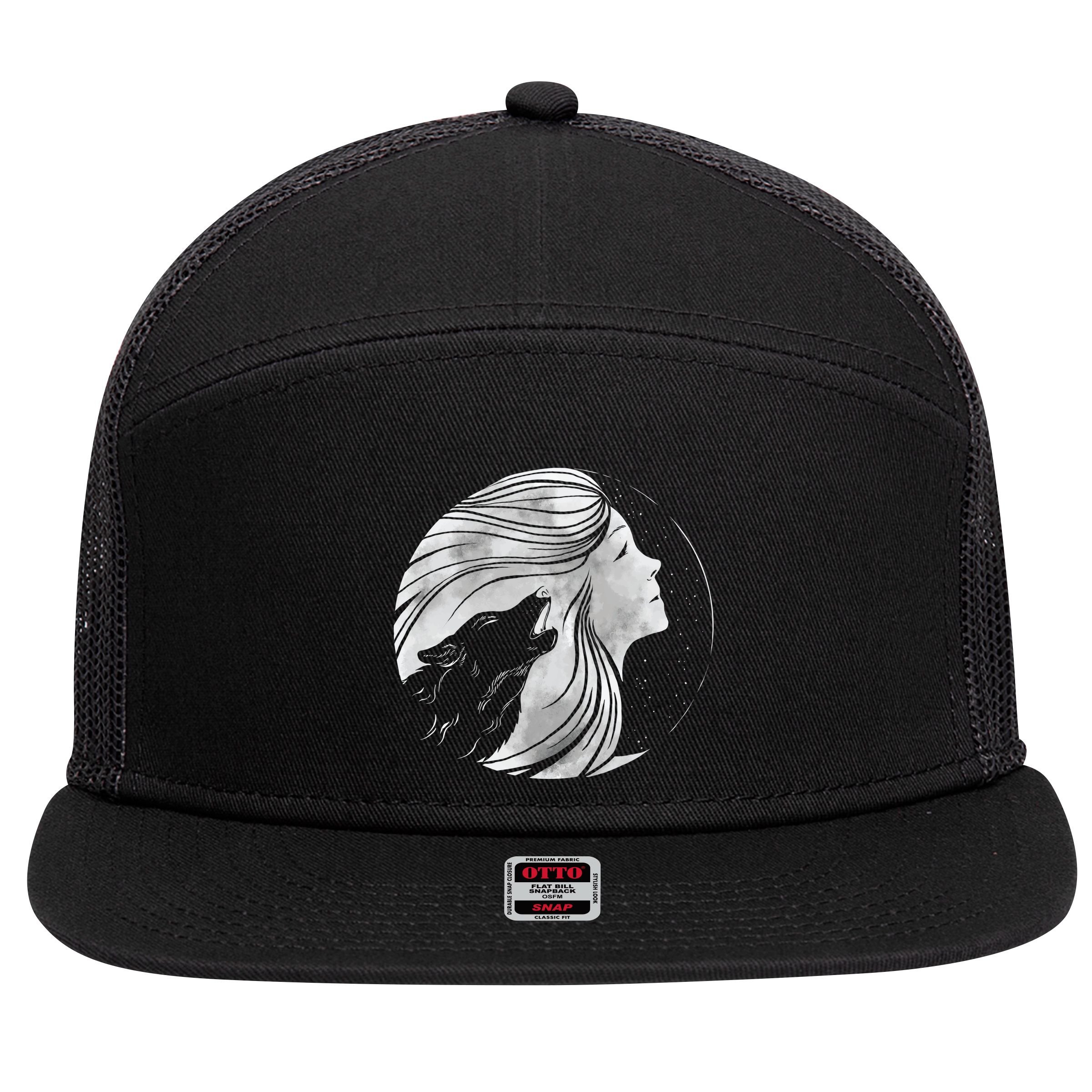 Moon Wolf Illustration 7 Panel Mesh Trucker Snapback Hat