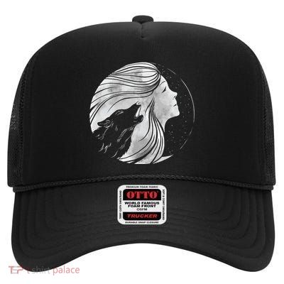 Moon Wolf Illustration High Crown Mesh Back Trucker Hat