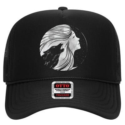 Moon Wolf Illustration High Crown Mesh Back Trucker Hat