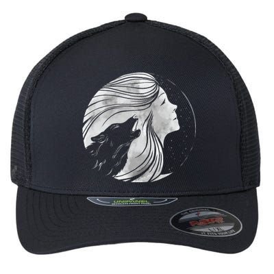 Moon Wolf Illustration Flexfit Unipanel Trucker Cap