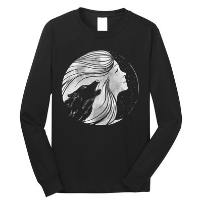 Moon Wolf Illustration Long Sleeve Shirt