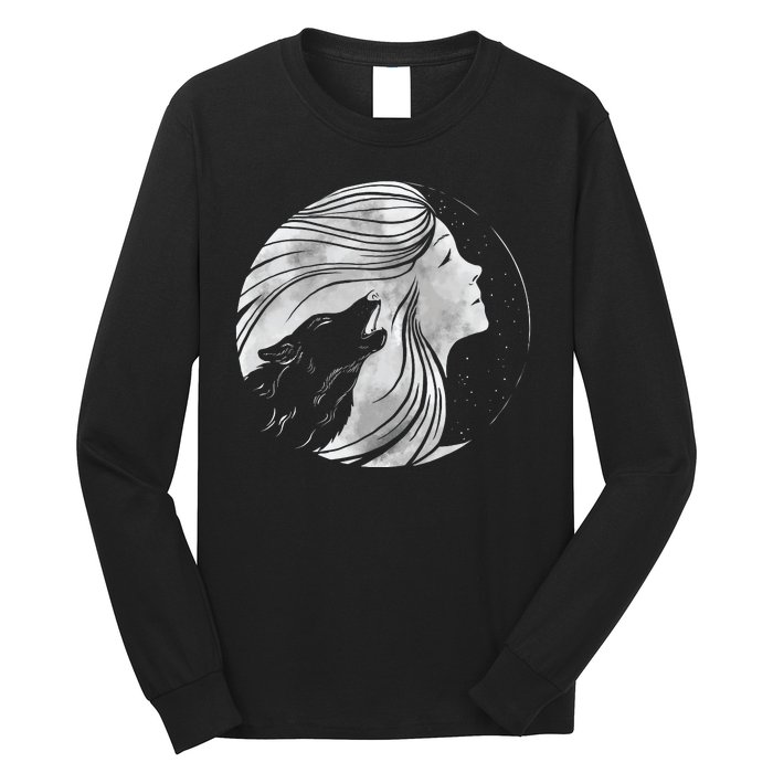 Moon Wolf Illustration Long Sleeve Shirt