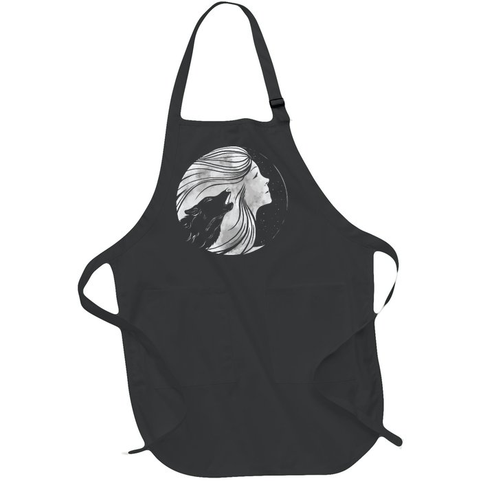 Moon Wolf Illustration Full-Length Apron With Pockets