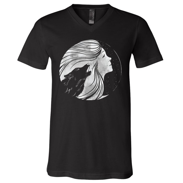 Moon Wolf Illustration V-Neck T-Shirt