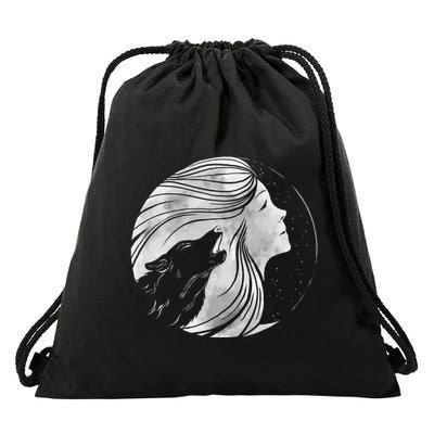 Moon Wolf Illustration Drawstring Bag