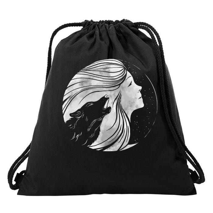 Moon Wolf Illustration Drawstring Bag