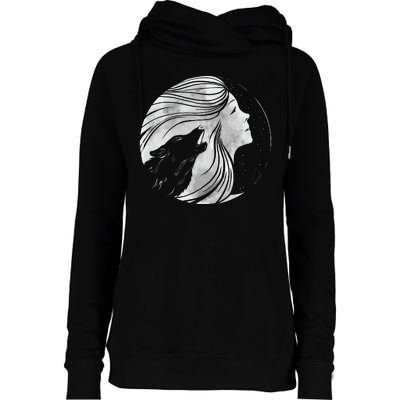 Moon Wolf Illustration Womens Funnel Neck Pullover Hood