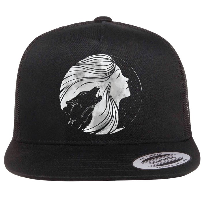 Moon Wolf Illustration Flat Bill Trucker Hat