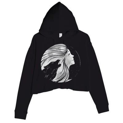 Moon Wolf Illustration Crop Fleece Hoodie