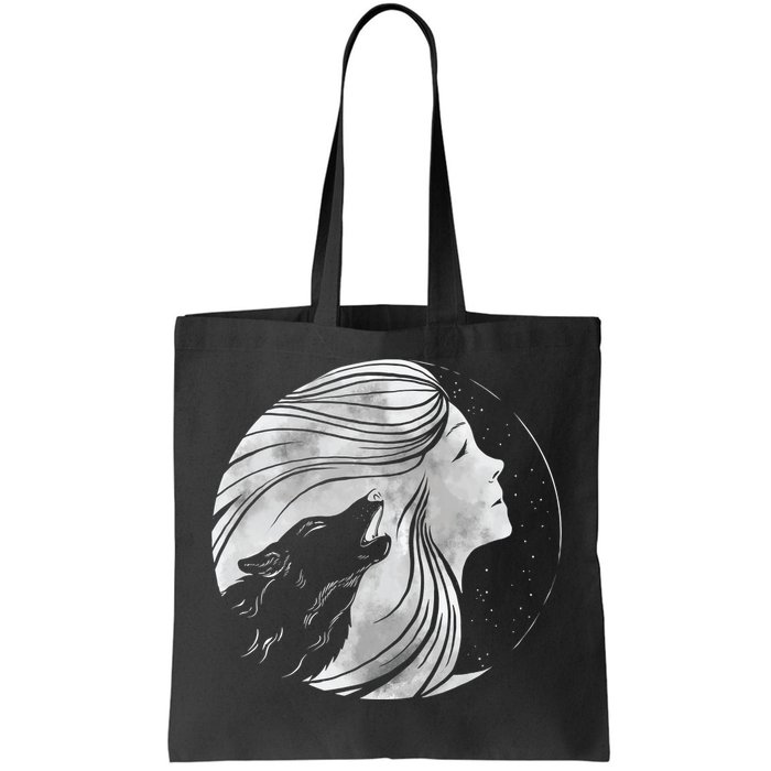 Moon Wolf Illustration Tote Bag