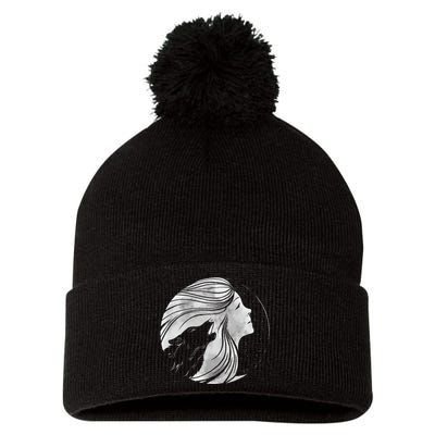 Moon Wolf Illustration Pom Pom 12in Knit Beanie