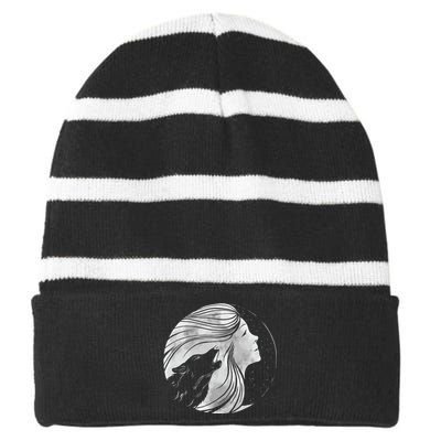 Moon Wolf Illustration Striped Beanie with Solid Band