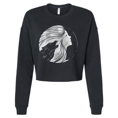 Moon Wolf Illustration Cropped Pullover Crew