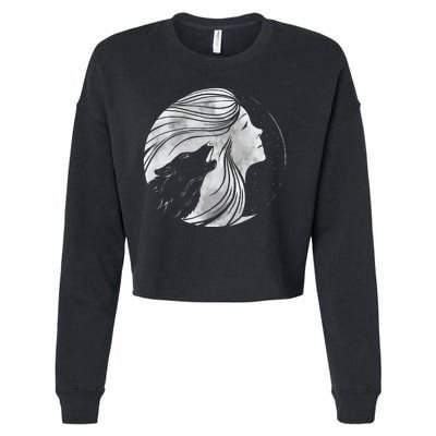 Moon Wolf Illustration Cropped Pullover Crew