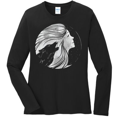 Moon Wolf Illustration Ladies Long Sleeve Shirt