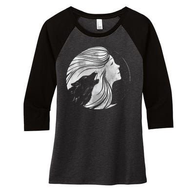 Moon Wolf Illustration Women's Tri-Blend 3/4-Sleeve Raglan Shirt