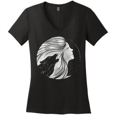 Moon Wolf Illustration Women's V-Neck T-Shirt