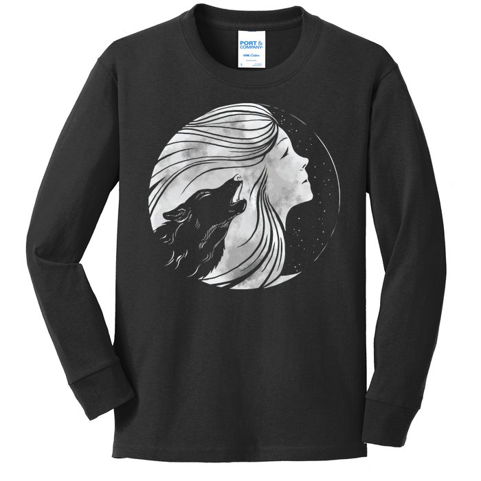 Moon Wolf Illustration Kids Long Sleeve Shirt