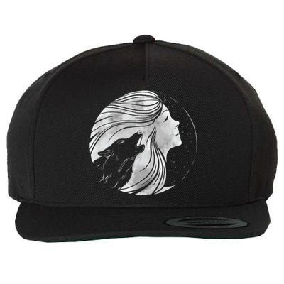 Moon Wolf Illustration Wool Snapback Cap