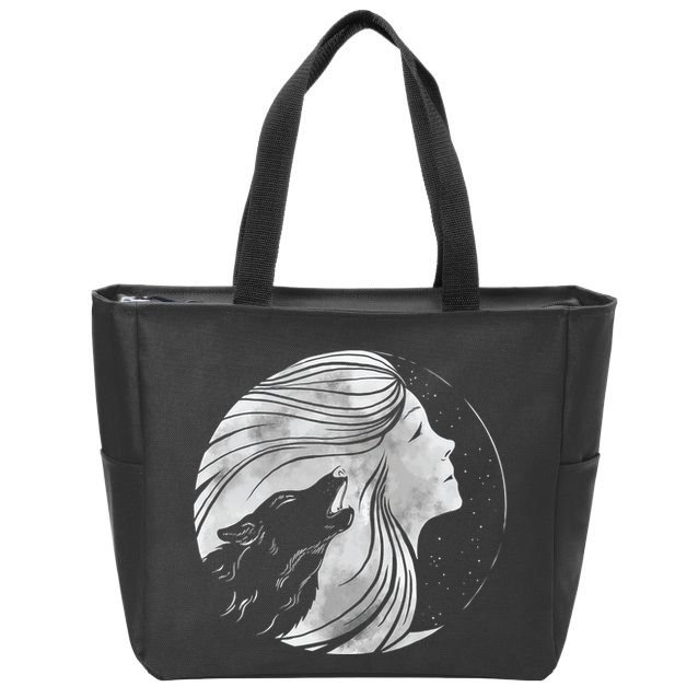 Moon Wolf Illustration Zip Tote Bag