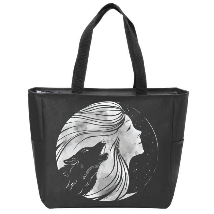 Moon Wolf Illustration Zip Tote Bag