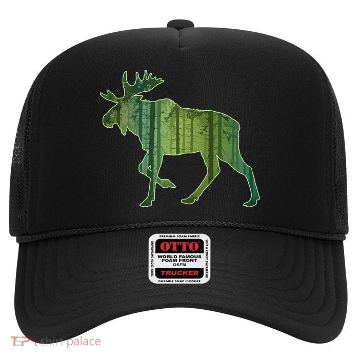 Moose Forest Silhouette High Crown Mesh Back Trucker Hat