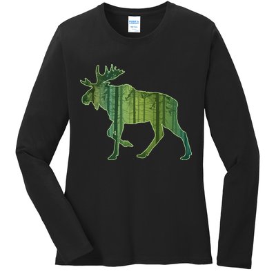 Moose Forest Silhouette Ladies Long Sleeve Shirt