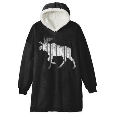 Moose Forest Silhouette Grey Style Hooded Wearable Blanket