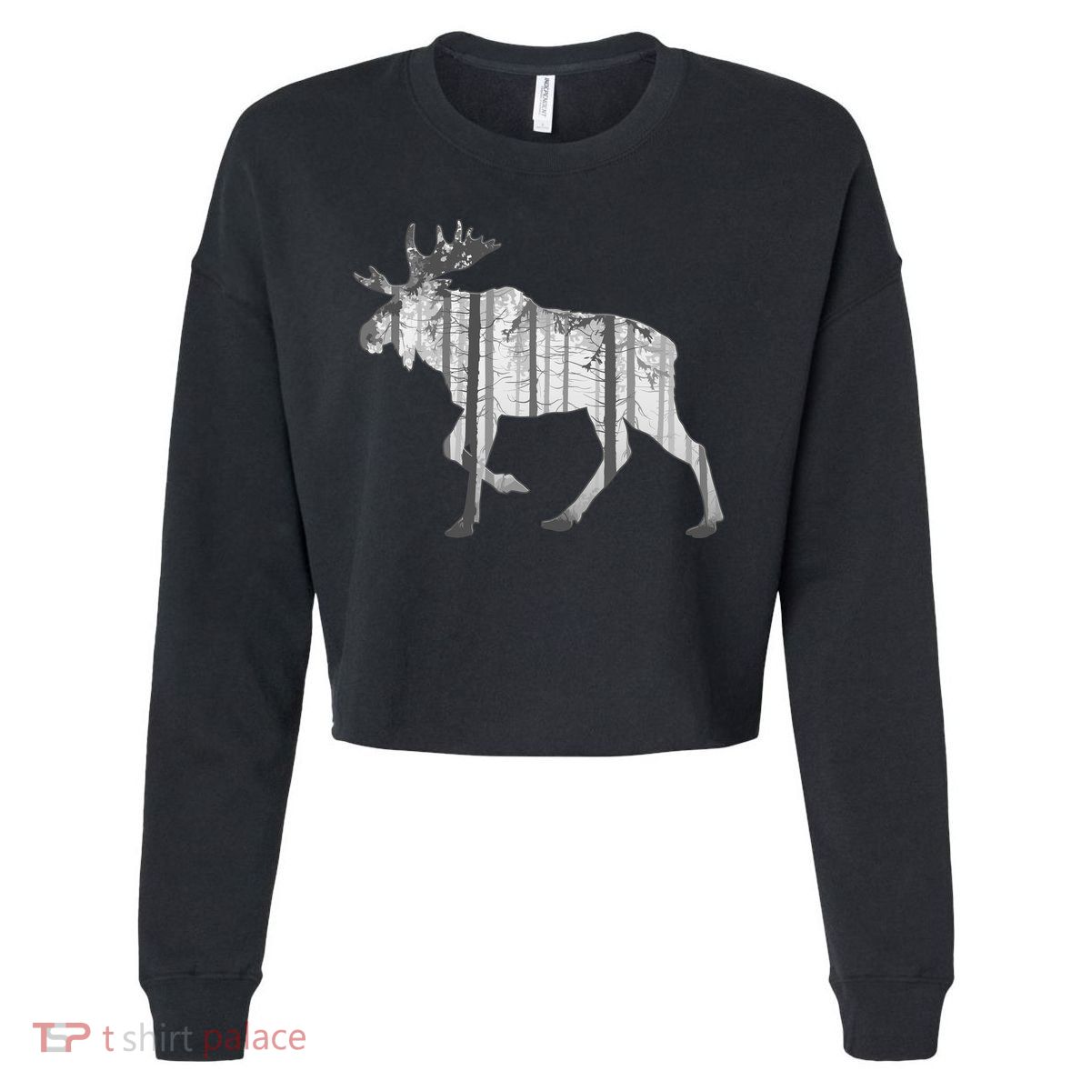Moose Forest Silhouette Grey Style Cropped Pullover Crew