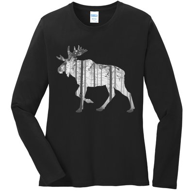 Moose Forest Silhouette Grey Style Ladies Long Sleeve Shirt