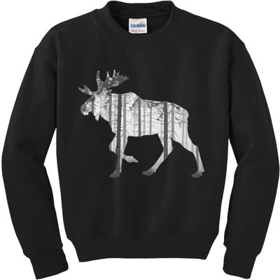 Moose Forest Silhouette Grey Style Kids Sweatshirt