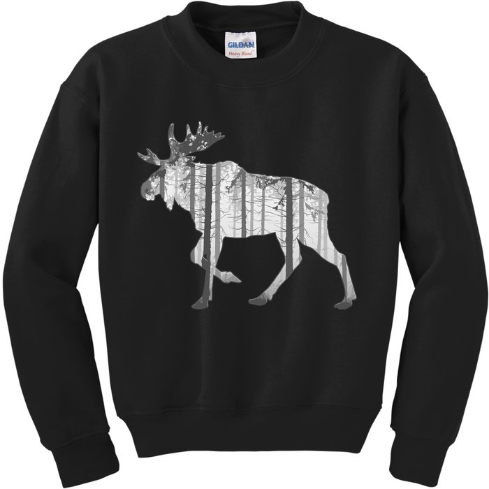 Moose Forest Silhouette Grey Style Kids Sweatshirt