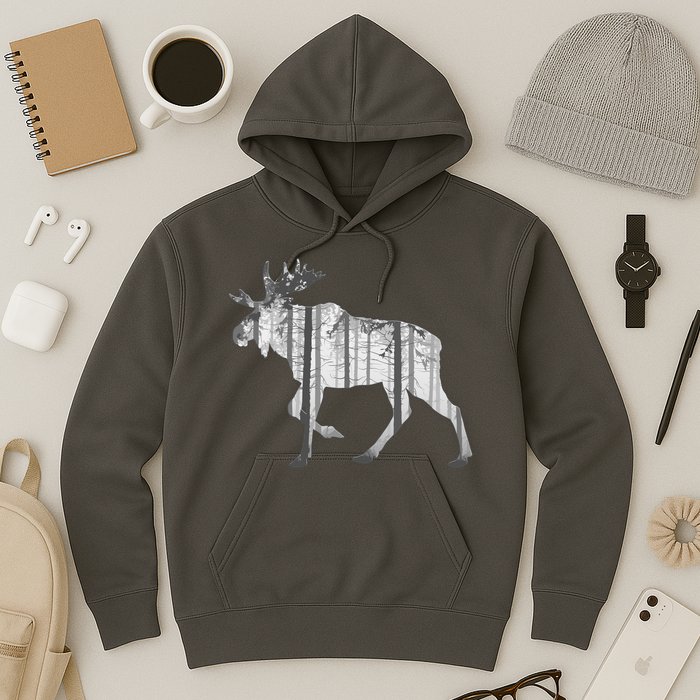 Moose Forest Silhouette Grey Style Hoodie