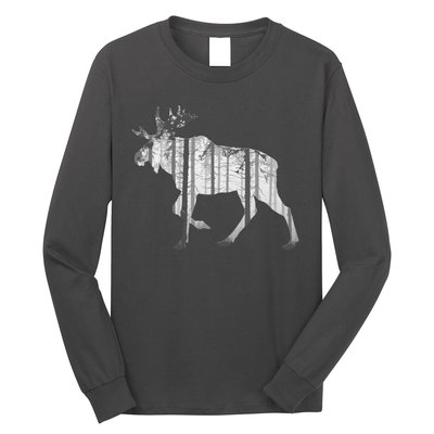 Moose Forest Silhouette Grey Style Long Sleeve Shirt