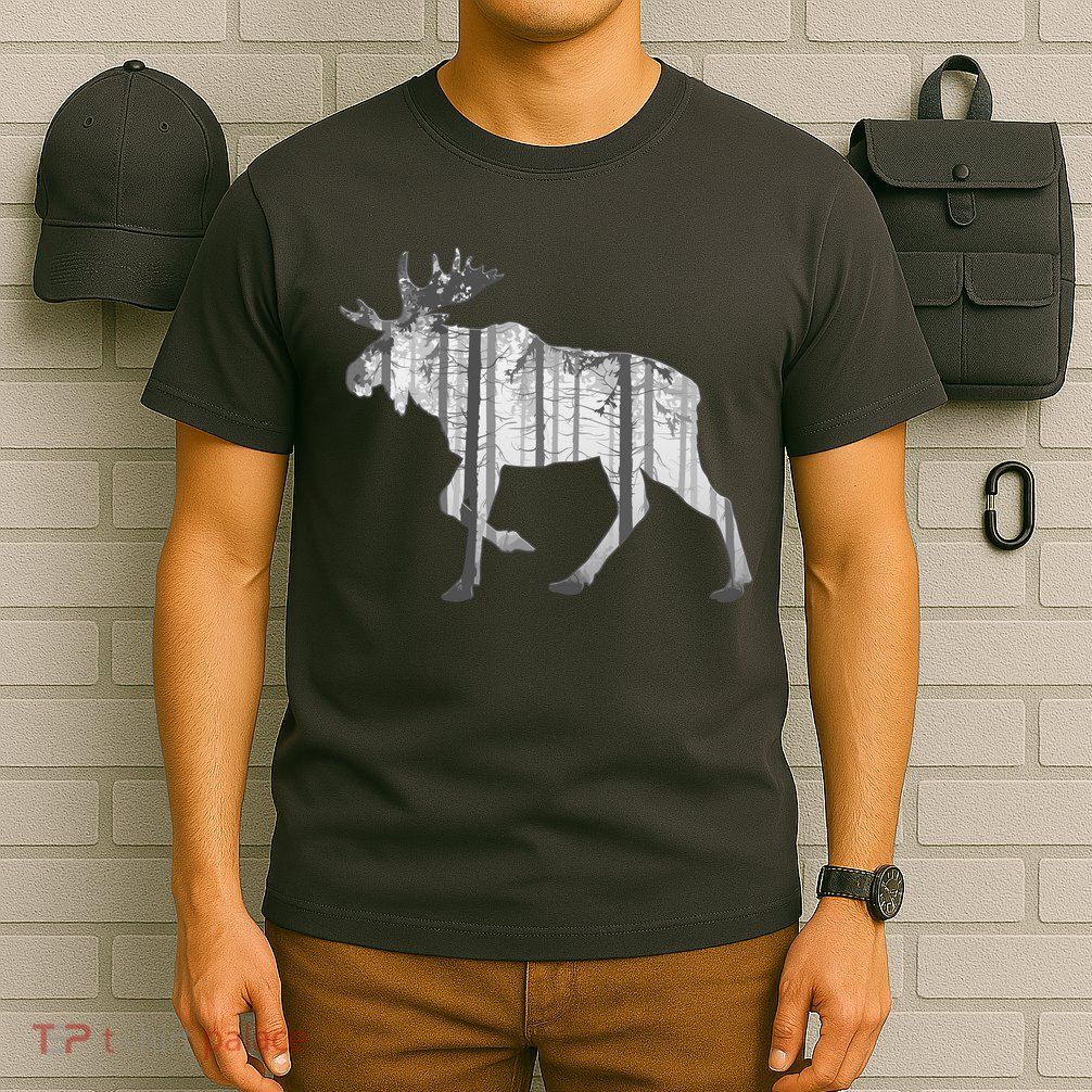 Moose Forest Silhouette Grey Style T-Shirt