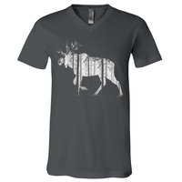 Moose Forest Silhouette Grey Style V-Neck T-Shirt