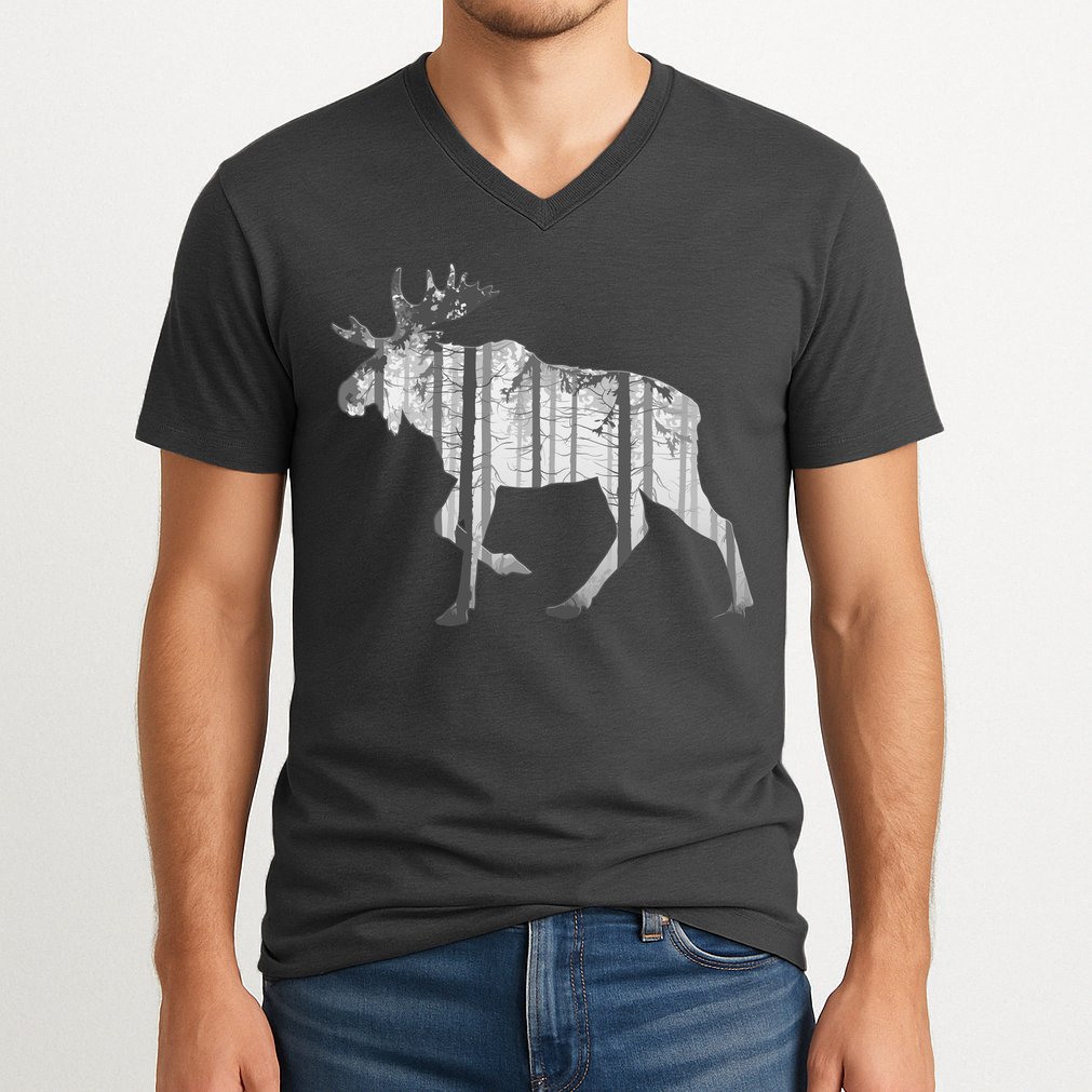 Moose Forest Silhouette Grey Style V-Neck T-Shirt