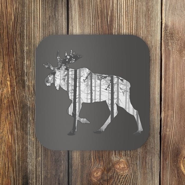 Moose Forest Silhouette Grey Style Coaster