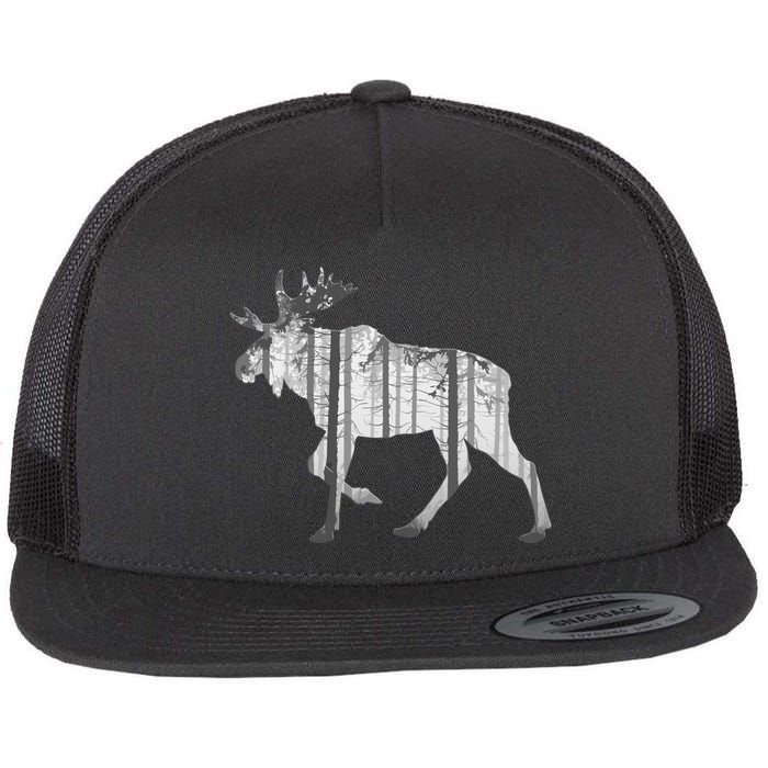 Moose Forest Silhouette Grey Style Flat Bill Trucker Hat