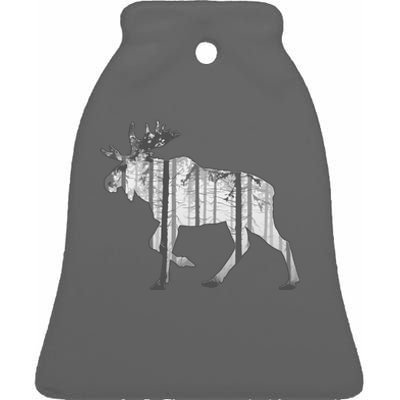 Moose Forest Silhouette Grey Style Ceramic Bell Ornament