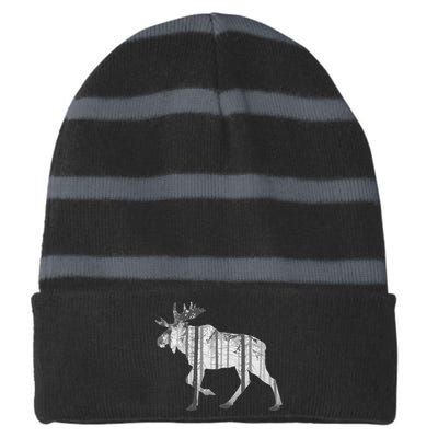 Moose Forest Silhouette Grey Style Striped Beanie with Solid Band