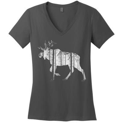 Moose Forest Silhouette Grey Style Women's V-Neck T-Shirt
