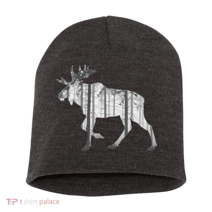 Moose Forest Silhouette Grey Style Short Acrylic Beanie