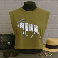 Moose Forest Silhouette Grey Style Garment-Dyed Women's Muscle Tee