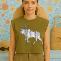 Moose Forest Silhouette Grey Style Garment-Dyed Women's Muscle Tee