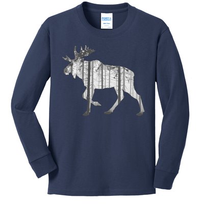 Moose Forest Silhouette Grey Style Kids Long Sleeve Shirt